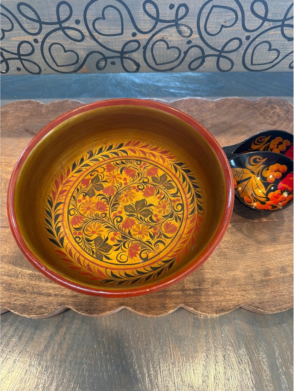 Hand-Painted Wooden Salad Bowl with Matching Spoons